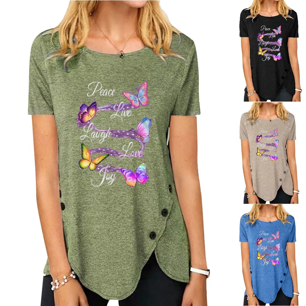 

Бабочка футболка с принтом женские Нерегулярные кнопка круглая футболка летние топы с короткими рукавами и круглым вырезом, свободный Разм...