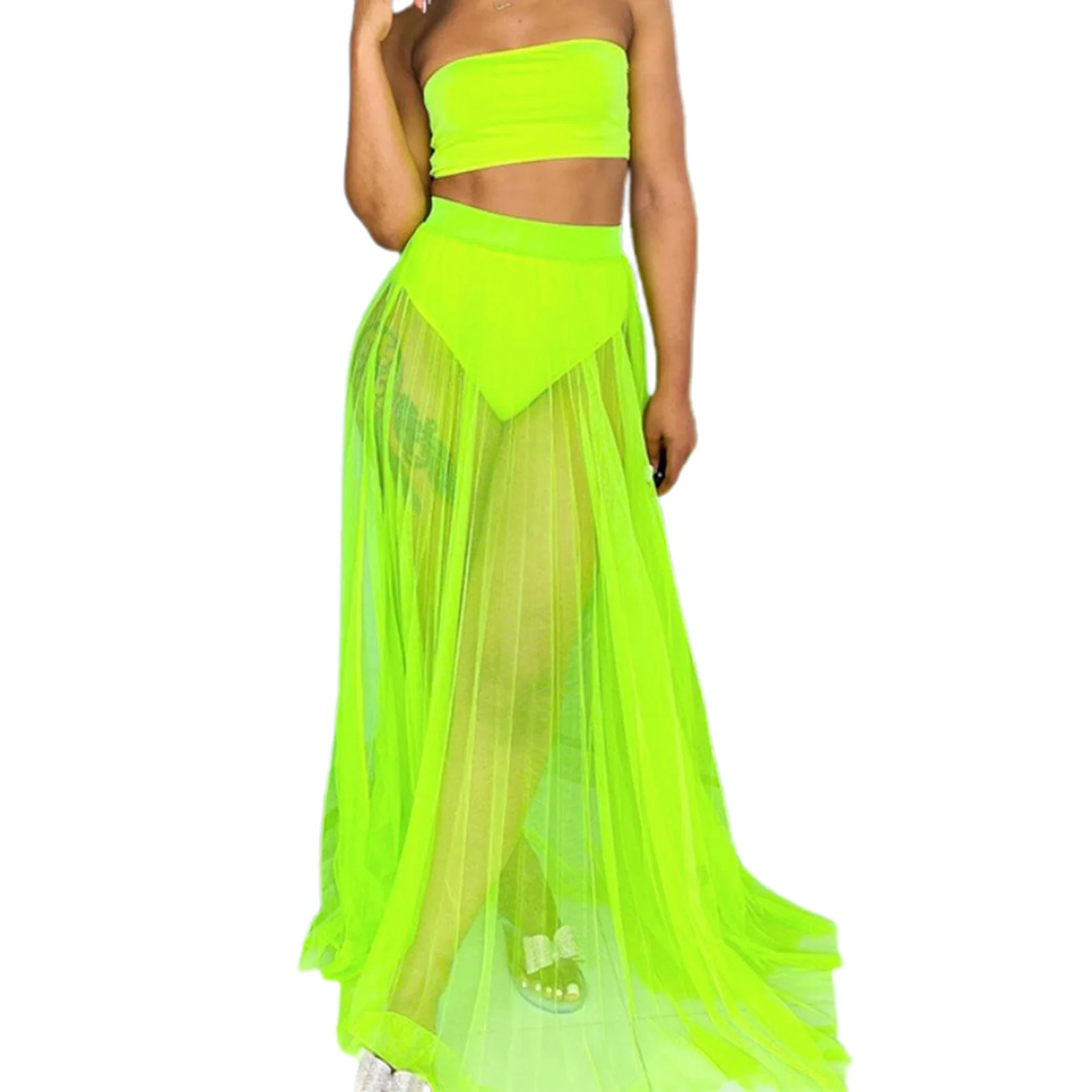 

Women Mesh Sheer High Waist Bikini Set Neon Bandeau Crop Tops See-through Cover Up Skirts Three Piece Suits Swimwear Beach Dress