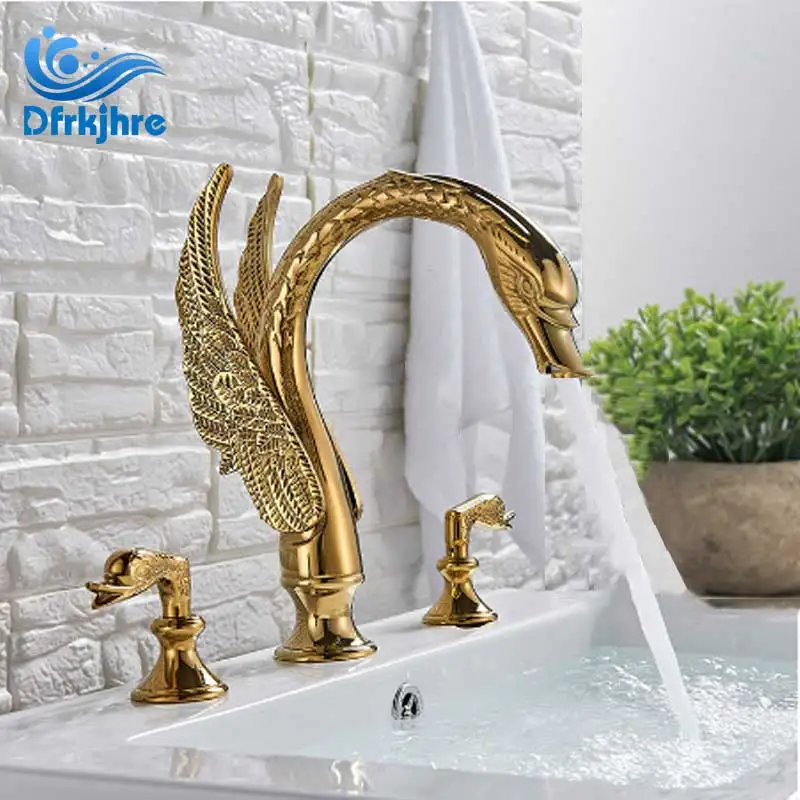 Латунный Смеситель для раковины в ванную комнату форме золотого лебедя