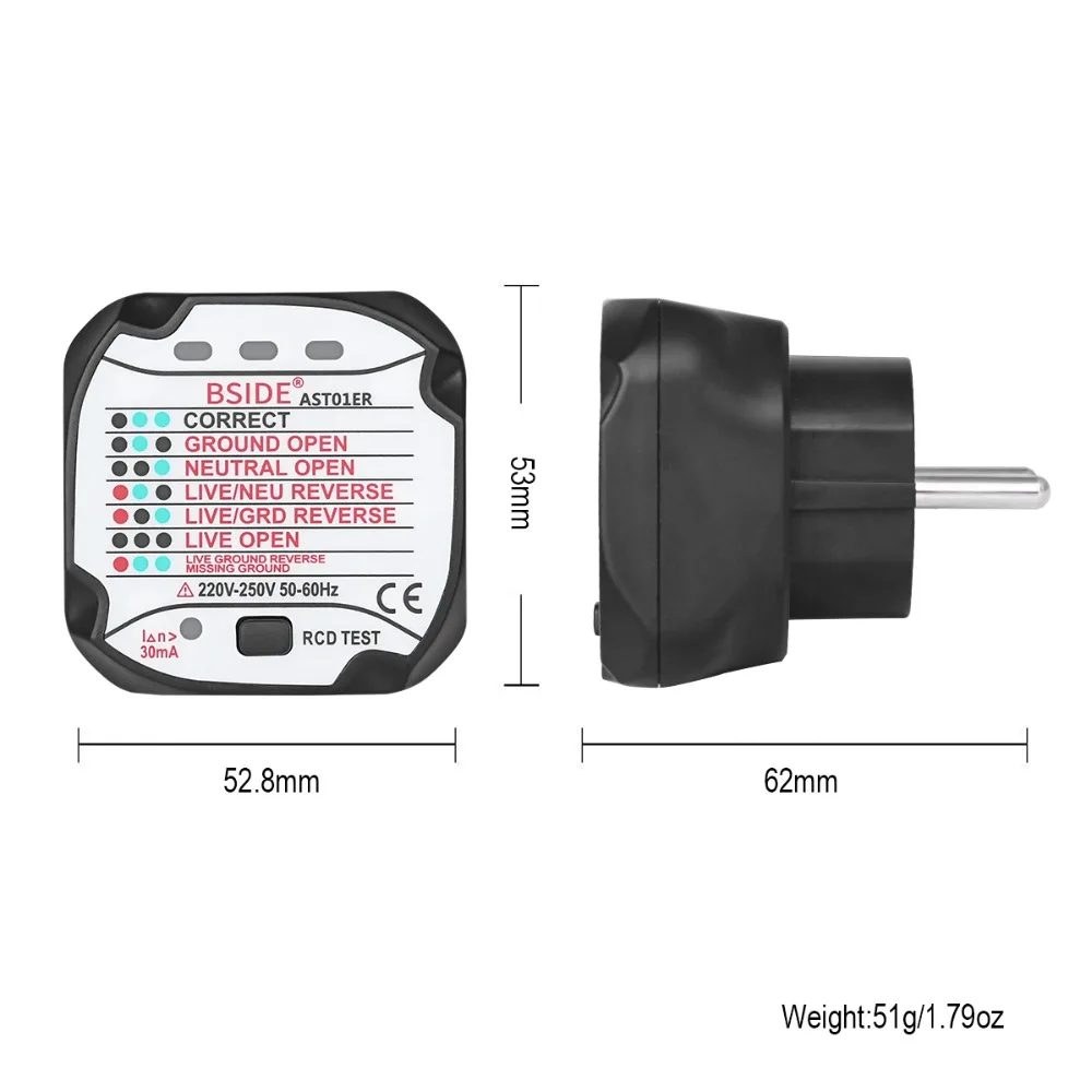 

BSIDE AST01ER Socket Tester Outlet Tester EU Plug Automatic Electric Circuit Polarity Voltage Detector Wall Plug Breaker Finder