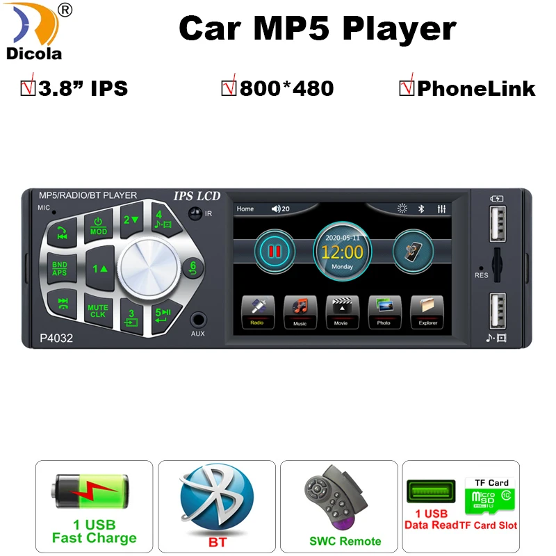 

Автомагнитола 1 Din с сенсорным экраном 3,8 дюйма, Bluetooth, аудио, видео, mp5-плеер, TF, USB, быстрая зарядка, ISO, удаленная стереосистема, головное устро...