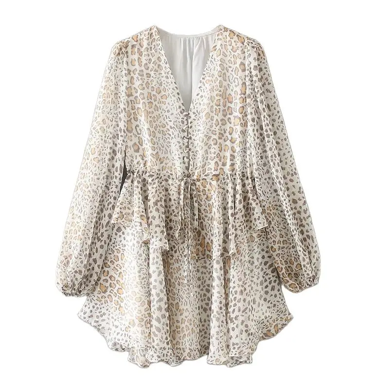 

Fashion Chiffon sexy V-neck Leopard Print Long Sleeve women's slim dress vestido woman summer 2021 Dresses for women casual thin
