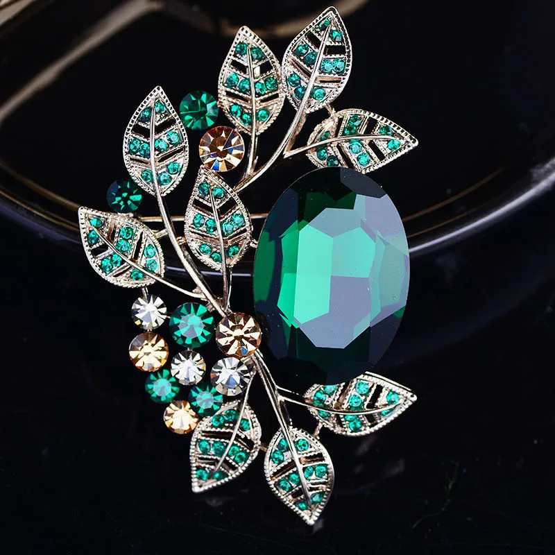 

Europe and America Vintage Olive Leaf Brooch 2021 New Trend Wedding Corsage Jewelry Green Crystal Gemstone Brooches Pins