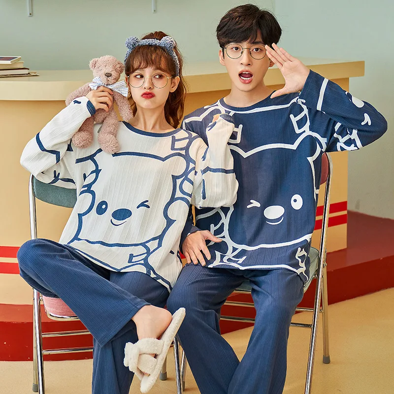Новые осенне-зимние хлопковые Пижамные комплекты для пар с длинным рукавом в