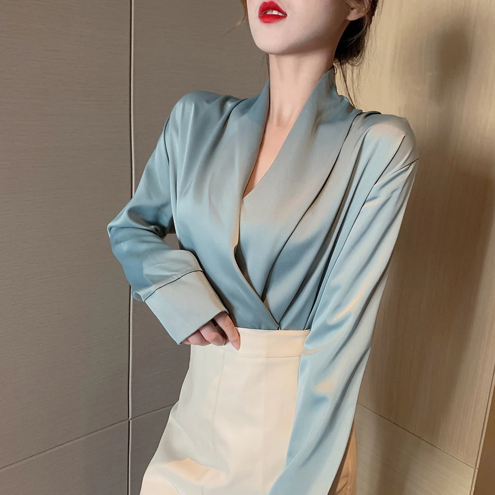 

V Neck Long Sleeve Fashion Blouses Woman Office Lady Elegant Slim Shirt Top Solid Ladies Tops Blusas