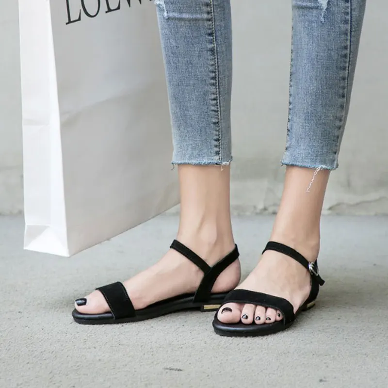 GENSHUO Cow Suede Flat Sandals Women Summer Ladies New Genuine Leather Sandal Casual Woman Pink Black Comfortable Shoes | Обувь