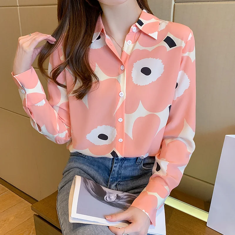 

#5049 Pink Printed Chiffon Shirt Women Single Breasted Casual Vintage Office Shirt Long Sleeves Women Shirt Elegant Ladies Tops