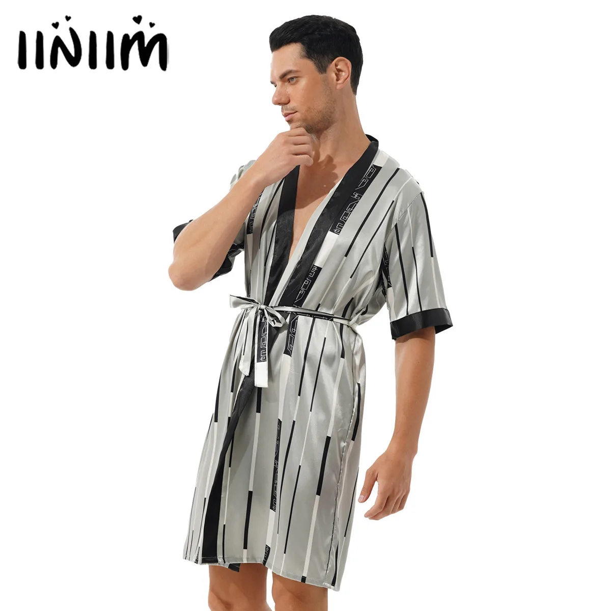 

Men Striped Pijamas Fashion Letter Print Satin Open Front Bathrobe Breathable Underwear Short Sleeve Belted Night-robe Nightwear