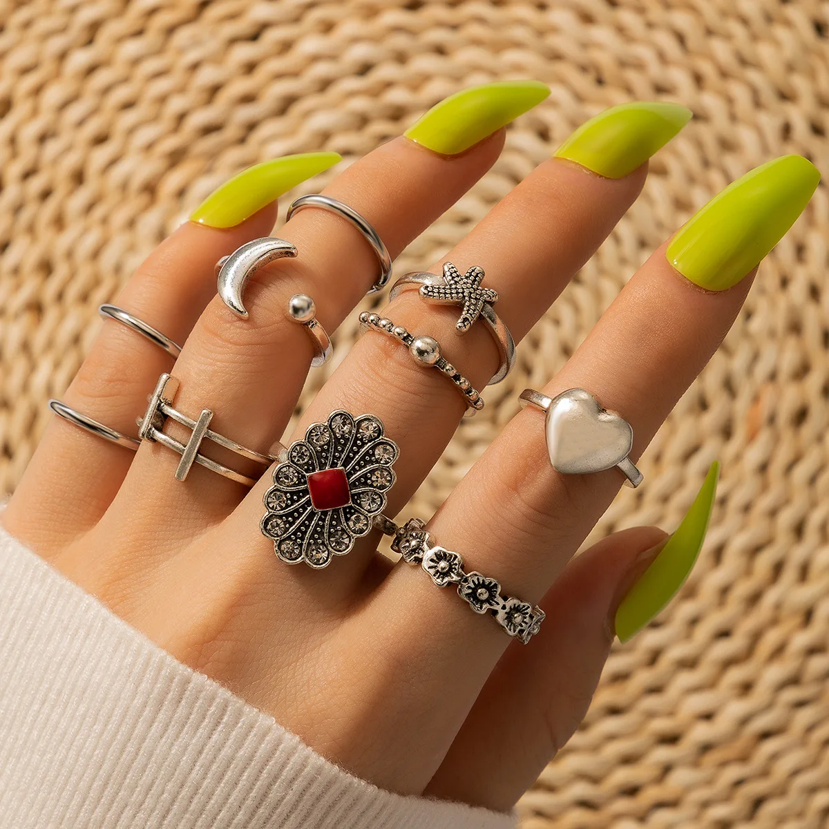 

10Pcs/Set Silver Spring Rings For Women Personalized Gift New Fashion Women's Rings European And The United States 2021 Style