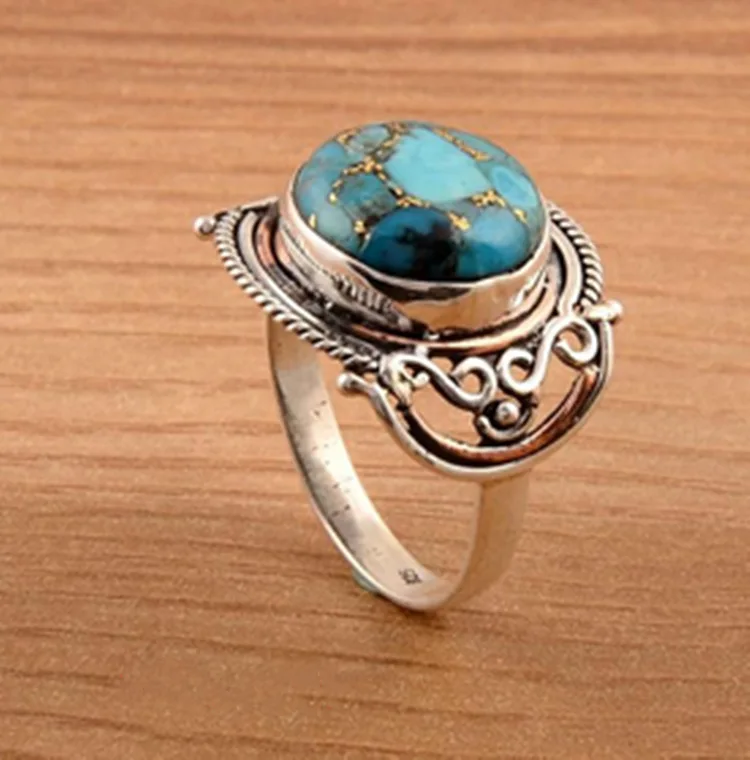 

Vintage Antique Natural Stone Ring Fashion Jewelry Gift Blue Turquoises Finger Ring for Women Wedding Anniversary Rings