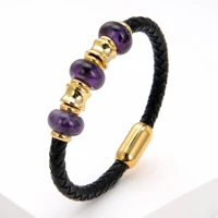 natural amethysts stone bead bracelet for women black braided leather rope chain charm stainless steel mens jewelry accessories