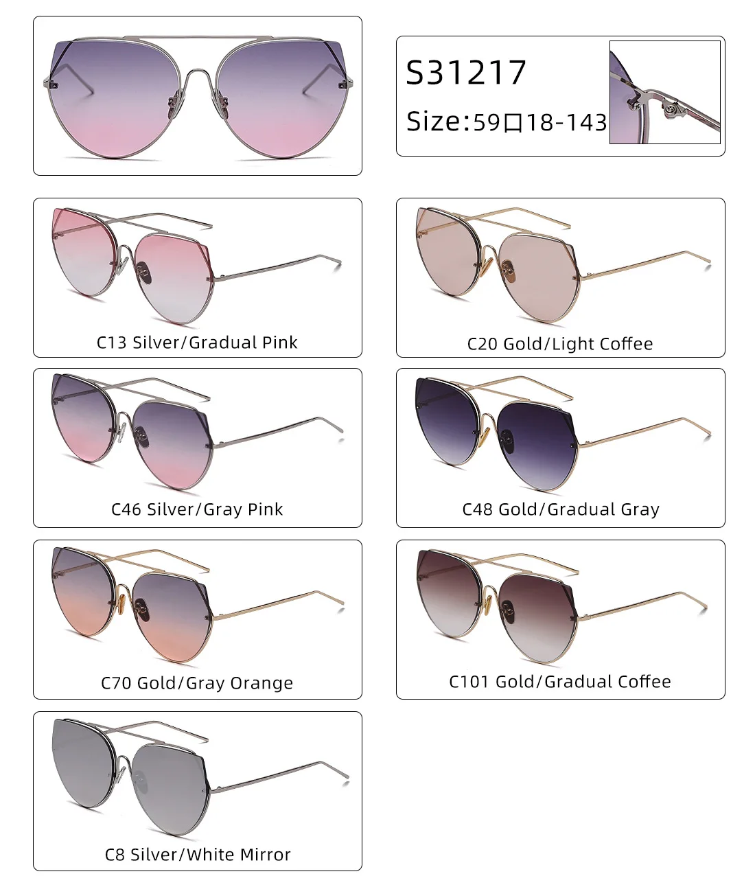 

Gradient Sunglasses AC Lens Shades Luxury Brand Desinger Metal Sun Glasses UV400 Protection Eyewear Travel Beach Trendy Goggles