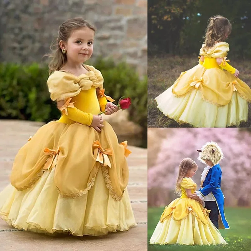 Vestido de princesa Bella para ni&ntilde;a, vestido de baile Floral, disfraz de Bella y bestia, fiesta de lujo-5