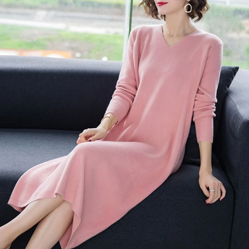 

Women Knitted Long Dresses Pure Color Female Long Sleeve Dress 2021 New Autumn Winter V-neck Solid Straight Dresses X310