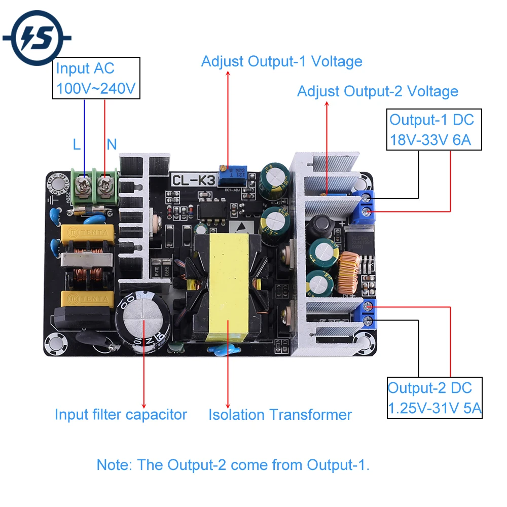 

AC-DC Converter AC 110V 220V to 1.25V-31V/5A 18V-33V/6A 180W Dua Power Supply Module Adjustable Buck Step Down Module