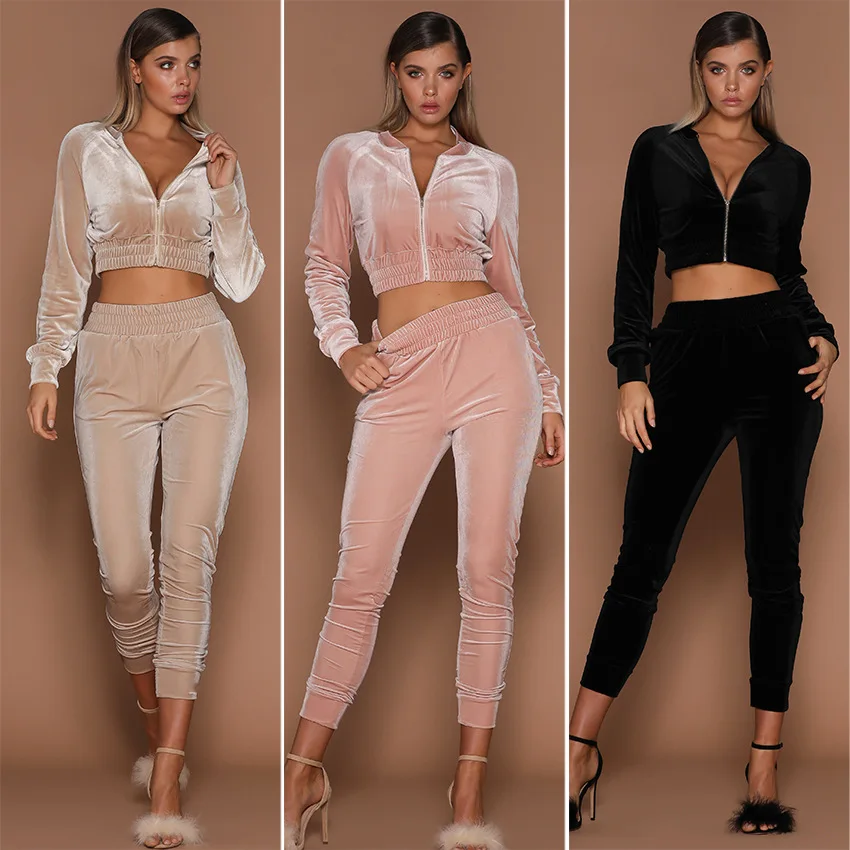 

Autumn Women's Sweatshirt Suit Pink Zipper Pocket Cropped Tops Solid Slim Sexy Set Female Long Sleeve Casual Black 2021 Jackets
