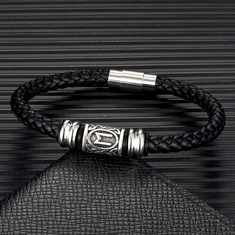 

MKENDN Men Women Genuine Leather Bracelet Stainless Steel Norse Viking Rune Beads Amulet Wristband Norse Mythology Jewelry