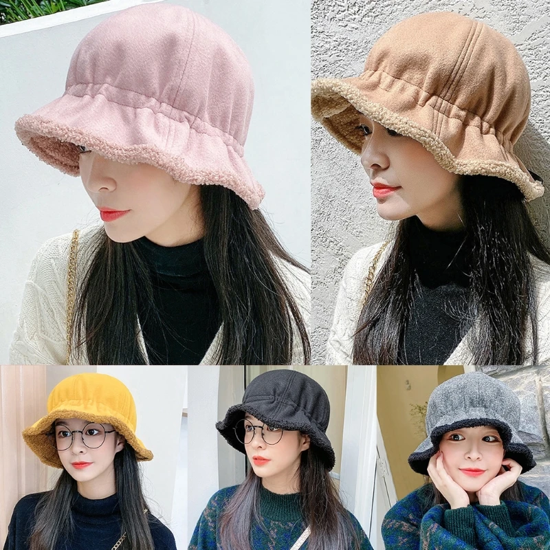 

Women Winter Thicken Plush Lining Bucket Hat Cute Ruffled Wide Brim Round Top Solid Color 2020 Outdoor Travel Warm Fisherman Cap