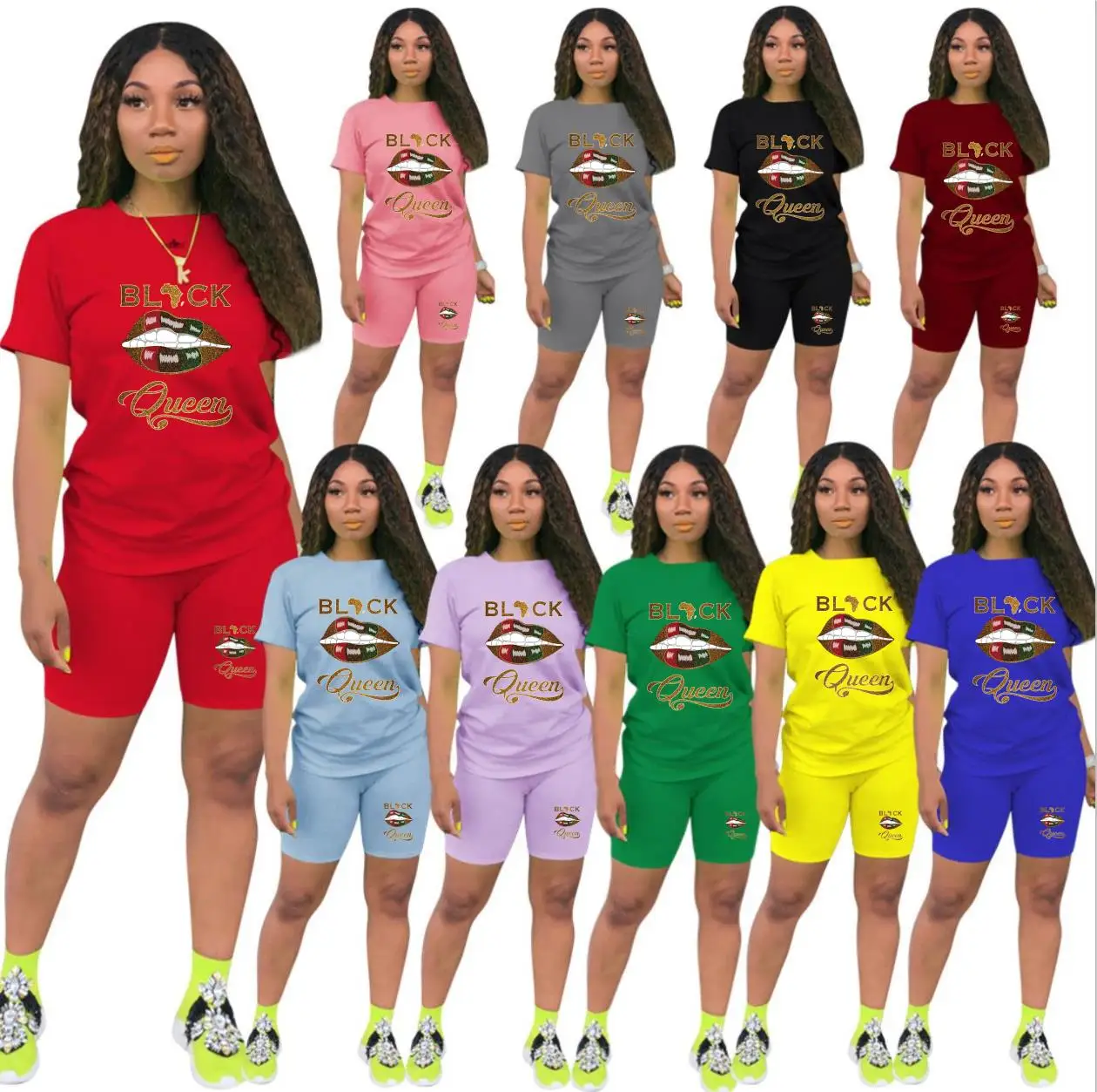 

Casual Tracksuit Women Two Piece Set Summer T-Shirts And Shorts sets Solid Color Print Short Sleeve Top Tees Female Suits S-3XL