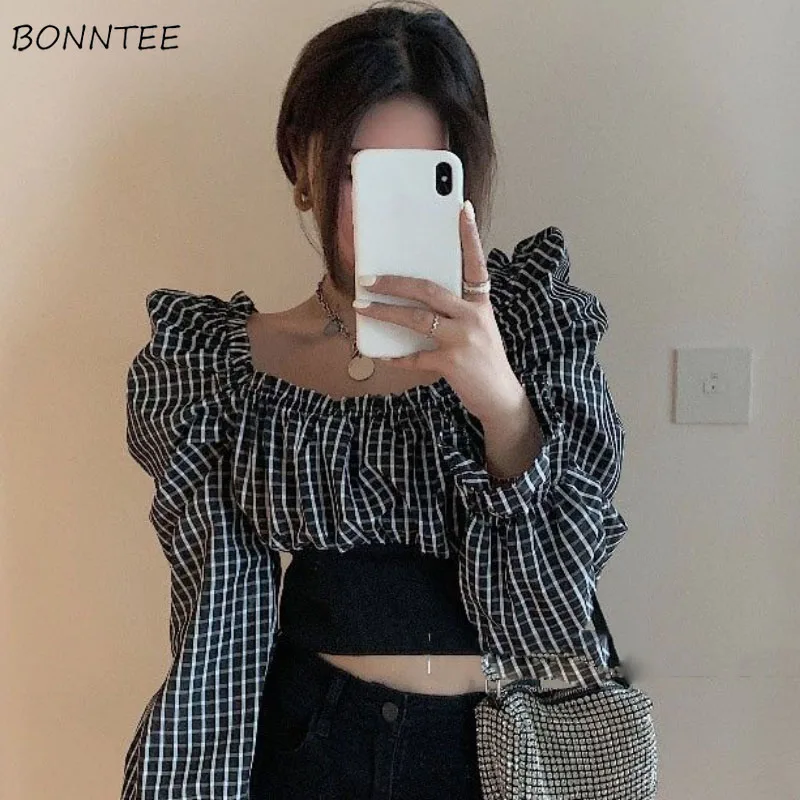 

Blouses Women Plaid Puff-sleeve Loose XXXL Fashion Ulzzang Office-wear Vintage Tops Spring Camisa De Gasa Elegant All-match Ins