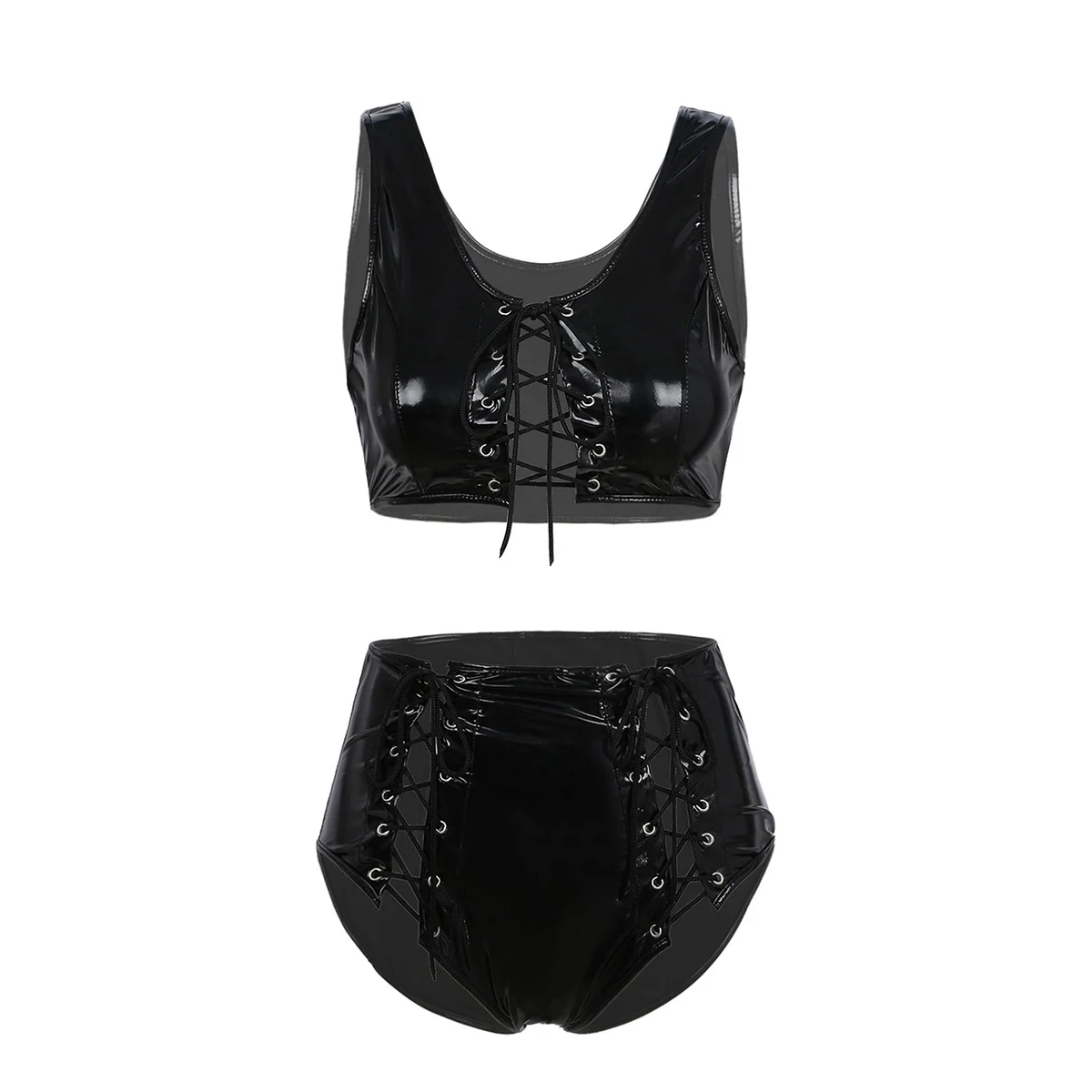 

Женские Модные Клубные костюмы, с мокрым эффектом, из лакированной кожи, на шнуровке, комплекты ночной одежды для вечеринок, укороченная майка с трусиками