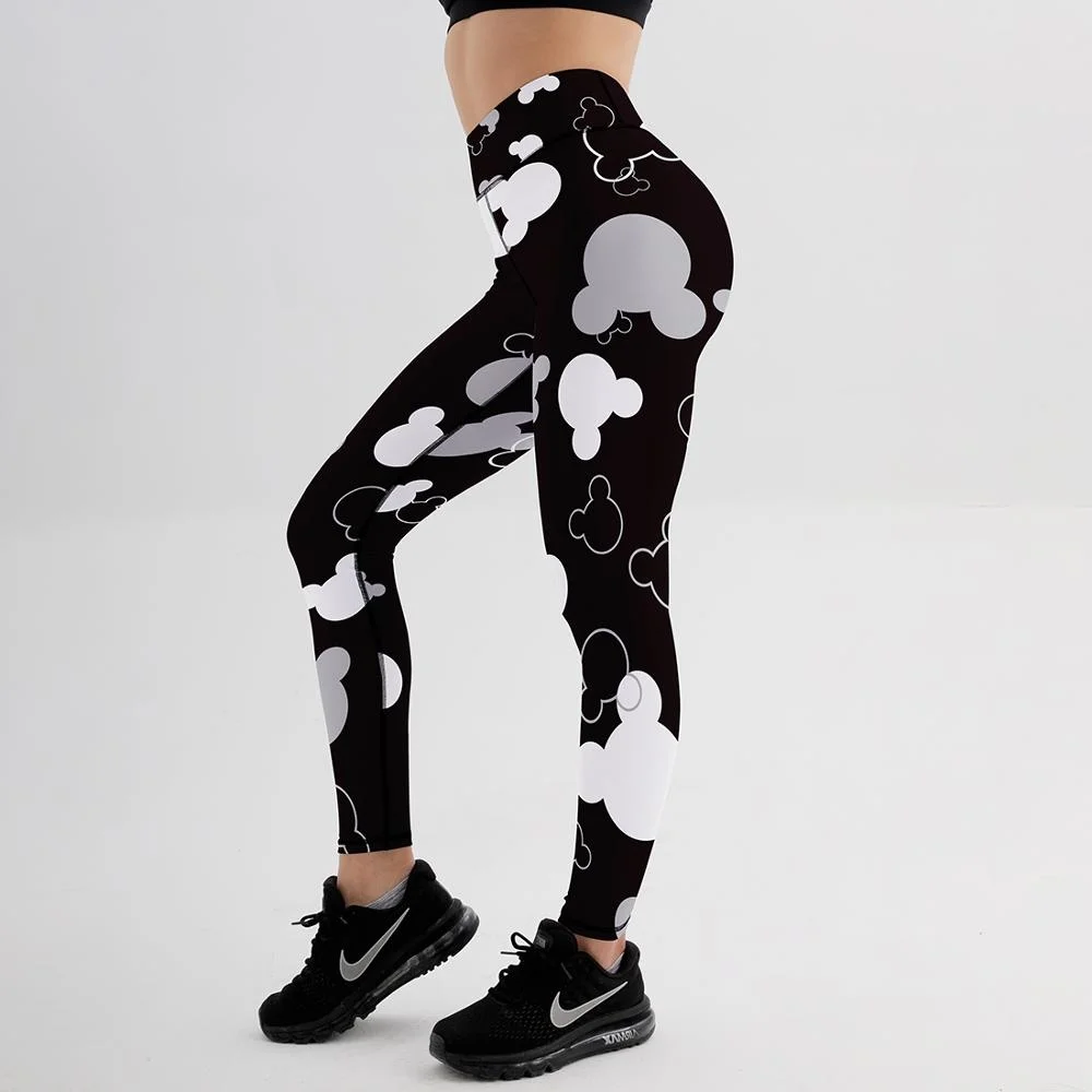

Women Quick Dry Sport Fitness Black Leggings Cartoon Mouse Head Printed Sports Pants Yoga Slim Tights Trousers For Women