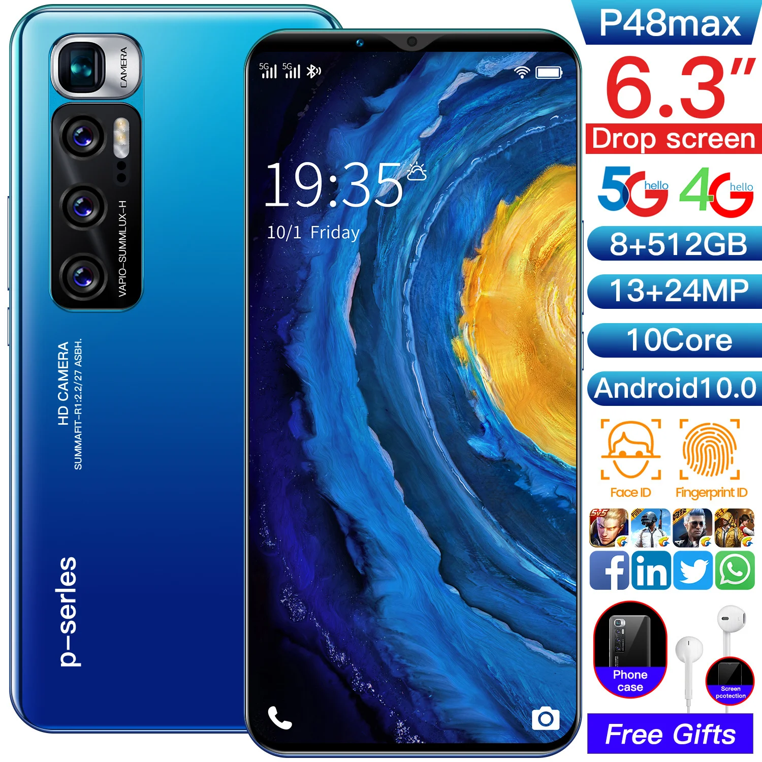 

2021 P48max 8+256GB 6.3 Inch Drop Screen 13+24MP Andriod 10 Smartphones 4800mAh Dual SIM 4G 5G Fingerprint Unlock Mobile Phone