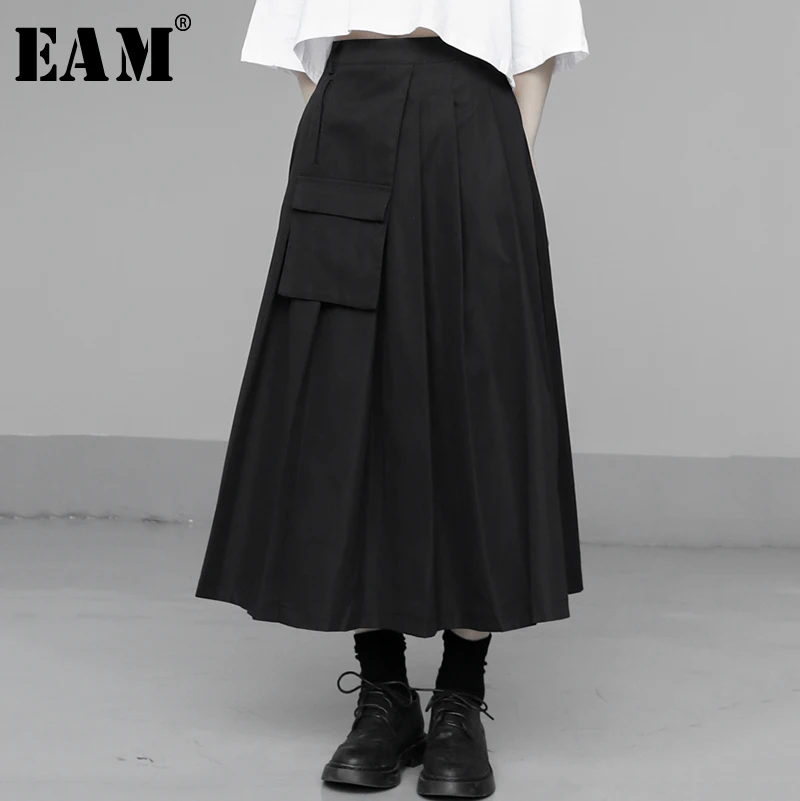 

[EAM] High Waist Black Pocket Split Joint Pleated Temperament Half-body Skirt Women Fashion Tide New Spring Autumn 2022 1U326