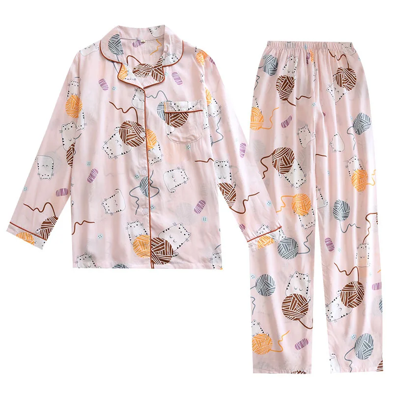 Spring/Autumn New Women's Pajamas Set Cotton Silk Summer Thin Long Sleeve Sleepwear for Ladies Loose Soft Comfort Home Clothing