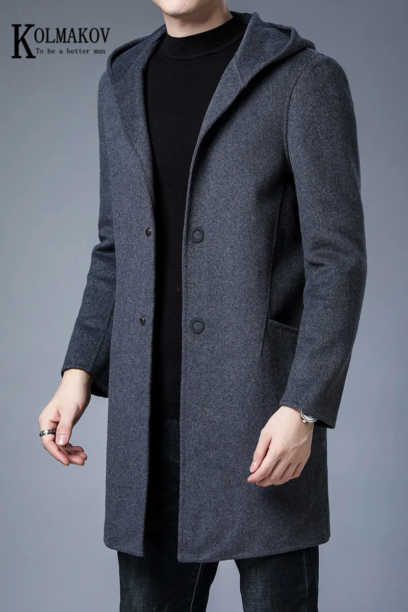 

KOLMAKOV New Men's Woolen Jacket Hooded Coat Trim Woollen Medium - Length Overcoat Windbreaker Solid Color Single Breasted Male