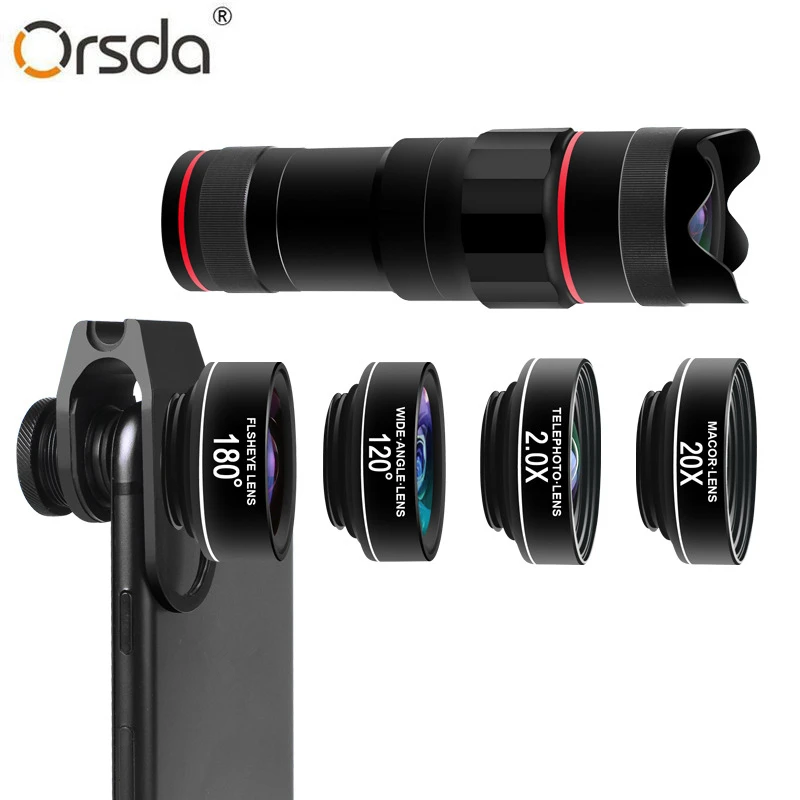 Orsda HD 4K Комплект объективов для мобильного телефона 18X телеобъектив с широкоугольным макросъемкой рыбий глаз 2X телескоп линзы для смартфонов