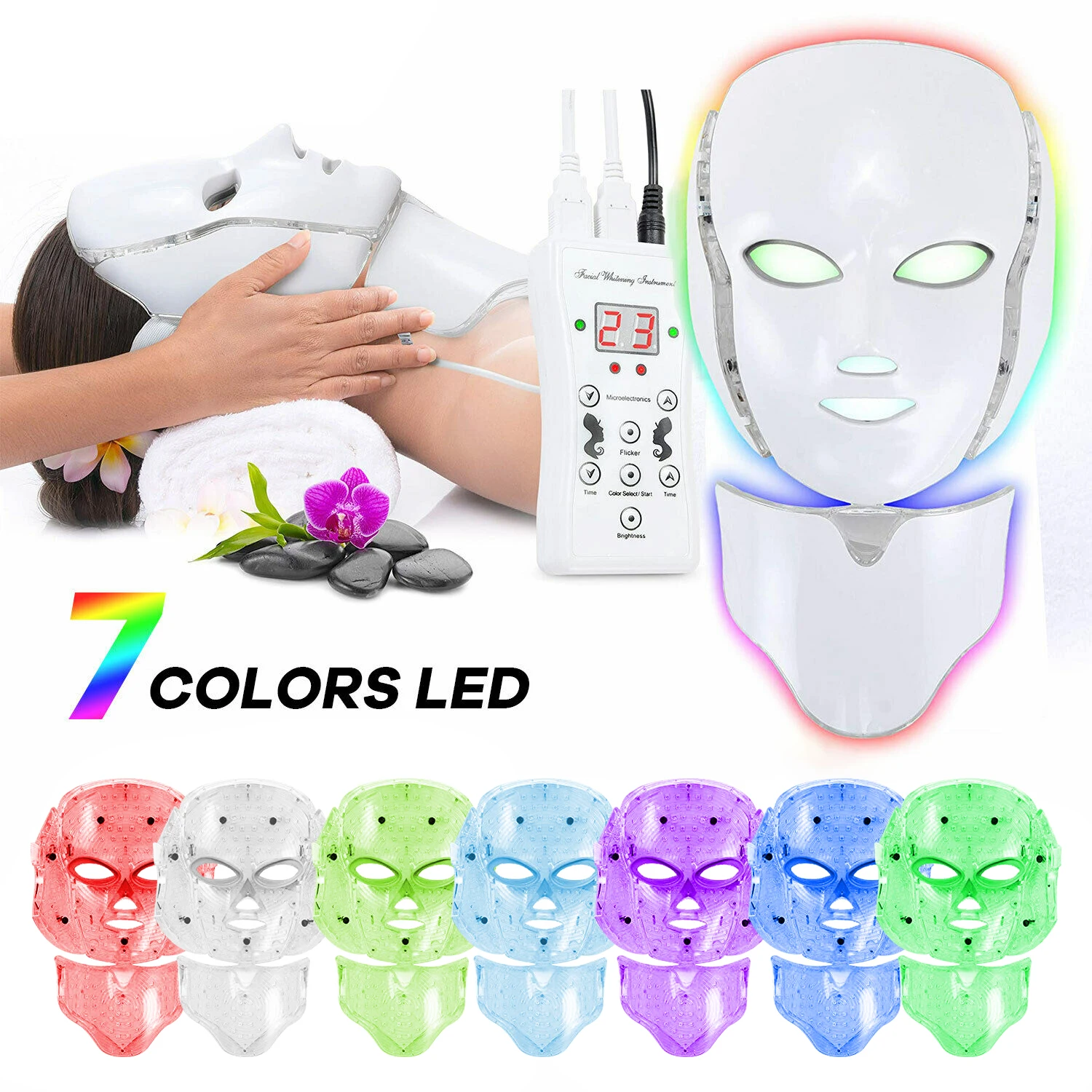 

7 Colors Light LED Facial Mask with Neck Skin Rejuvenation Face Care Treatment Beauty Anti Acne Therapy Whitening Skin Care Tool