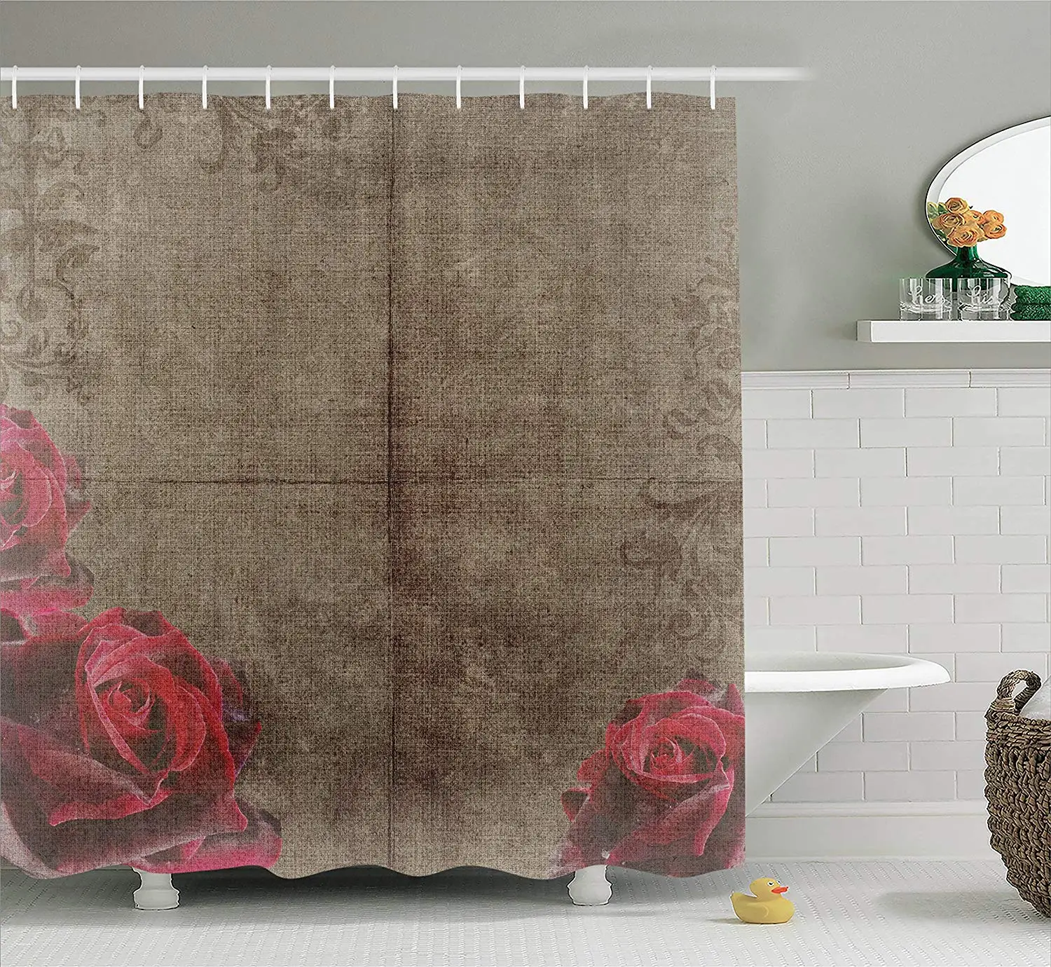 Victorian Decor Shower Curtain Set Decorative Artwork with Roses Ornamental Frame Image Nostalgic Vintage Style Bathroom |