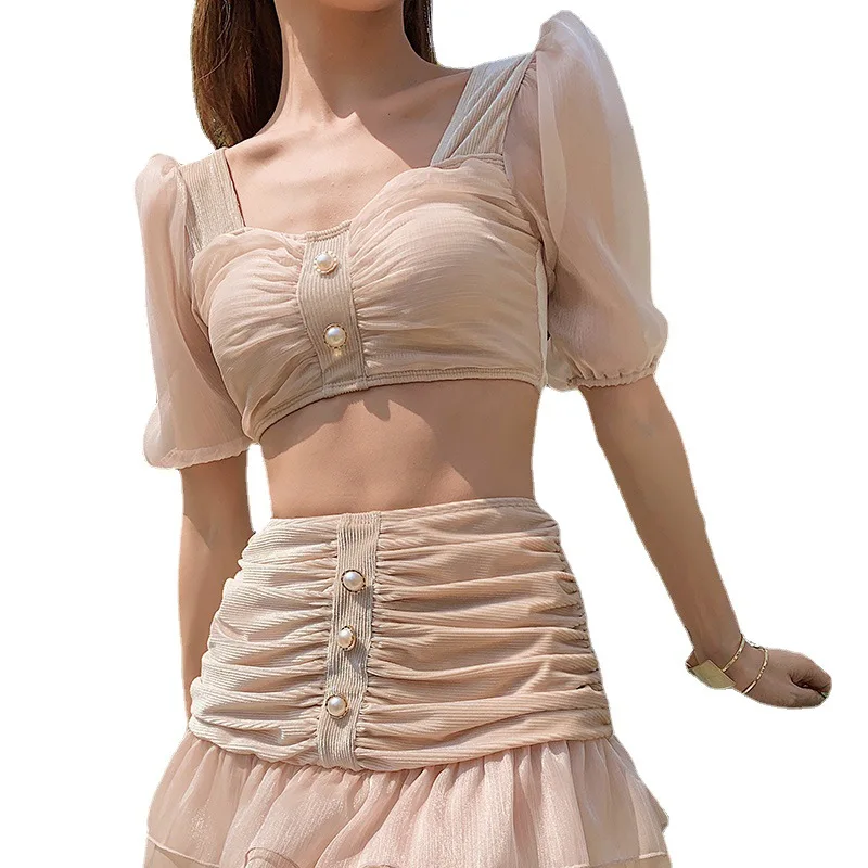 

Women Swimsuit Bikini 2021 Tankini Plus Size Sets Female Summer Bathing Suit New French Gentle Skirt High Waist Print Polyester