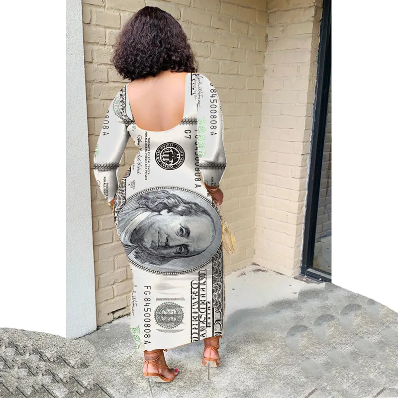 

United States Dollar Printting Long Sleeve Round Neck Women Autumn New Irregular Maxi Dress Fashion Casual Clothes