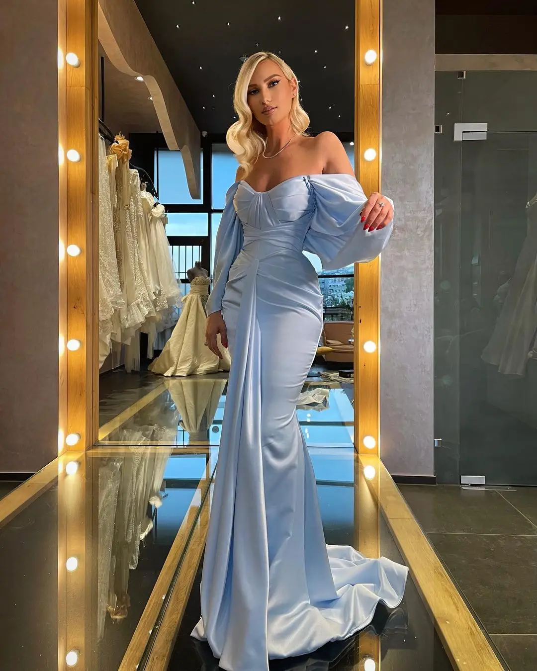 

Eightale Arabic Evening Dress Baby Blue Off the Shoulder Long Sleeves Mermaid Sastin Prom Gown Custom Made Party Dress 2021
