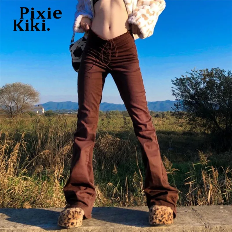 

Узкие джинсы PixieKiki с V-образным вырезом и заниженной талией, Y2k, эстетичные коричневые черные расклешенные брюки, уличная одежда, женские джи...
