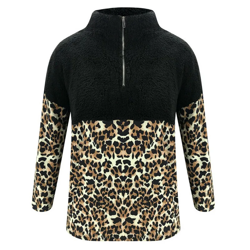 

Winter Fleece Sweatshirt Fashion Leopard Patchwork Fluffy Thick Sweater Warm Zipper Pullovers Women Winter Coat Sherpa Tops 2019