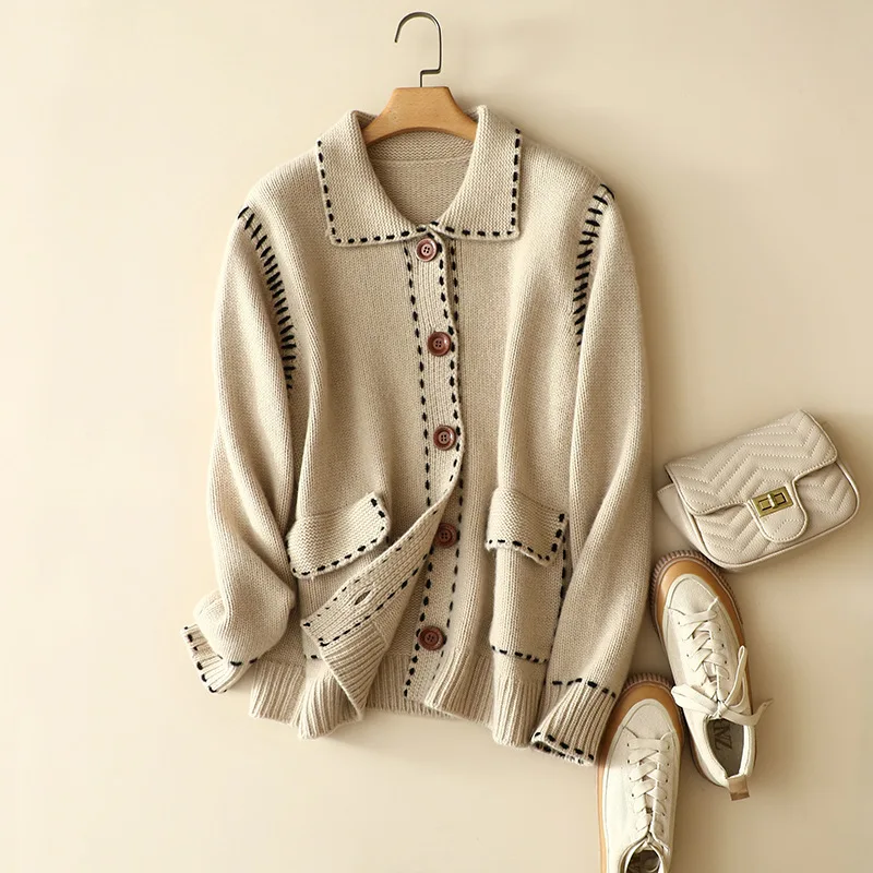 

Masitoch hand crochet luxury 100% cashmere polo neck buttons thick outerwear women's chic winter knitwear