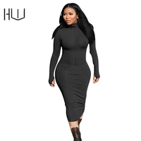 high neck pit strip solid zipper slimming dress full sleeve long maxi bodycon dresses casual plus size vestidos winter outfits
