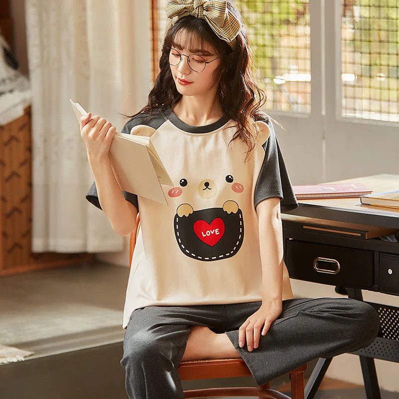 Pajamas Pure Cotton Women's Summer Nightwear Short Sleeve Trousers Simple Leisure Loose Large Size Household Clothes Sleepwear