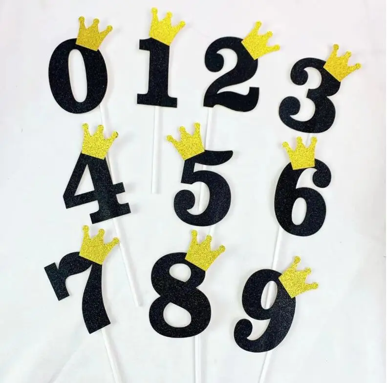 5 шт. номер Babyshower золотой черный Корона блеск персонализированный Топпер для