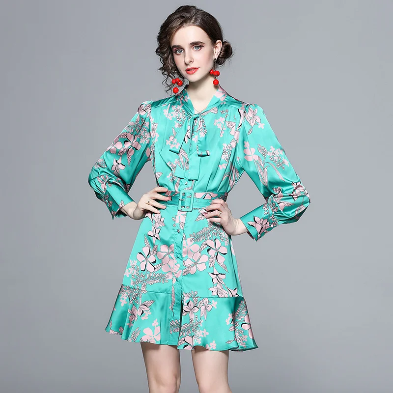 

Spring Fashion Runway Satin Bowknot Collar Dress Vintage Women Green Flower Print Ruffles Lantern Sleeve Belt Mermaid Mini Dress