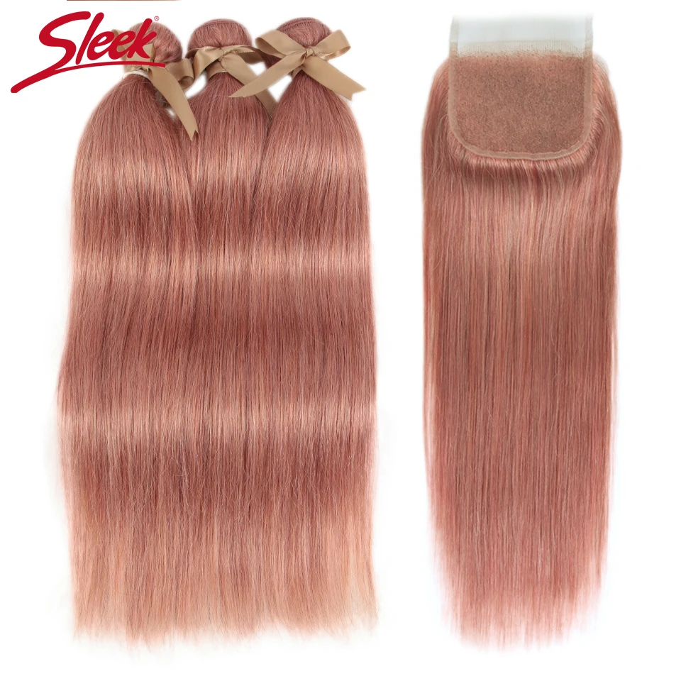 Sleek Brazilian Straight Hair Bundles With Closure S PINK 8 Hair Weave 10-26 Inches Remy Human Hair 3 Bundles With Closure