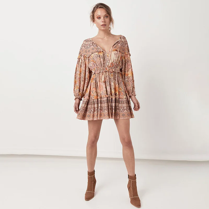 

SOOLASEA BOHO Dress Bohemian Mini 2020 Summer autumn Beach Plus Size Romantic Dresses Women Long Sleeve Dress