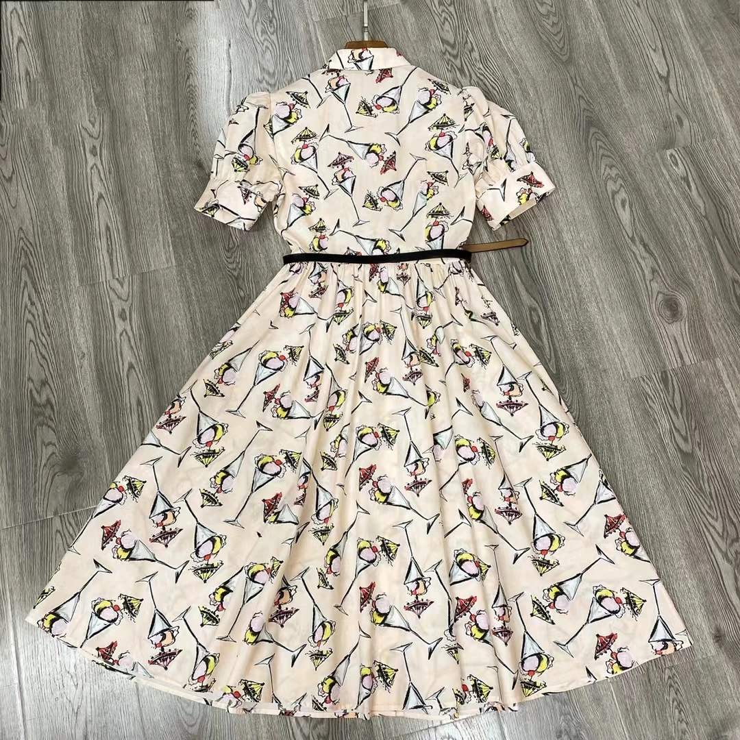 

Women 100% Cotton Cute Ice Cream Print Belted Midi Dress Vintage Fashion Runway Female Chic Short Sleeve Shirt Dresses Office
