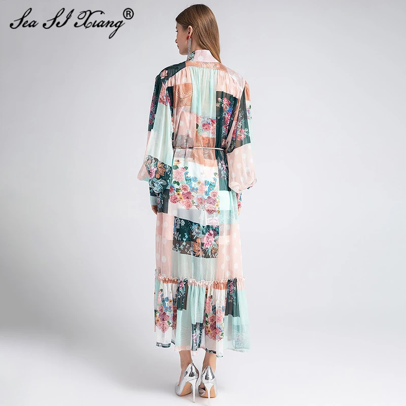 

SEASIXINAG Fashion Designer Autumn Women's Lace Up Dress Stand Collar Lantern Sleeve Floral Print Vacation Dresses