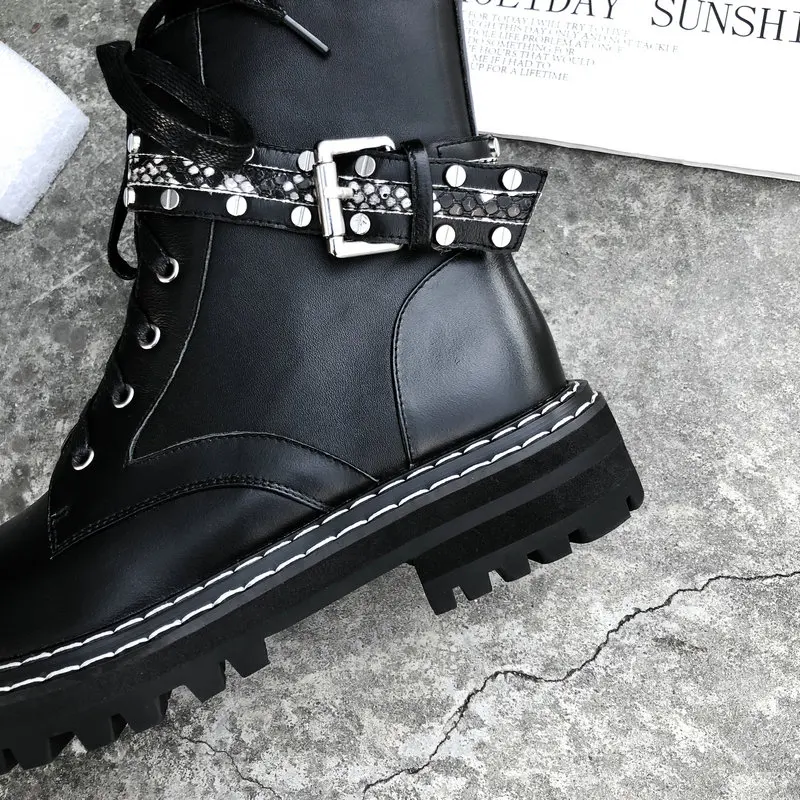 

100% cow Leather Boots Women buckle 4cm thick Heels Autumn Winter Ankle Boots Sexy Shoes Woman Motorcycle Boots