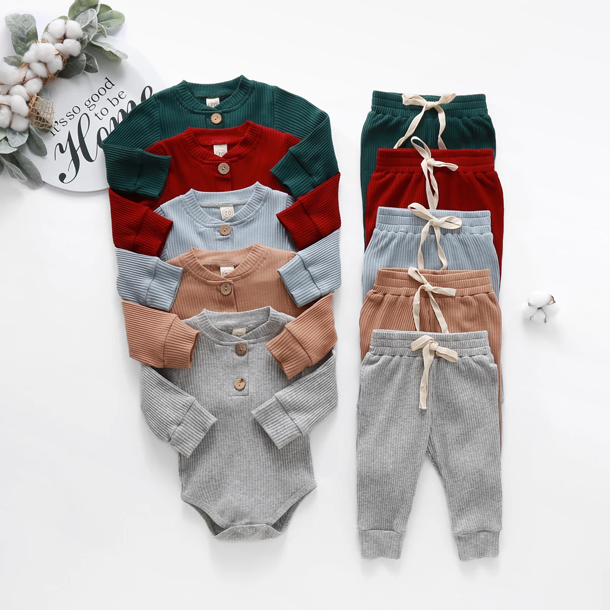

Infant Baby Knit Outfits Suits Solid Color Round Neck Long Sleeve Romper Tops Elastic Long Pant Baby Clothing