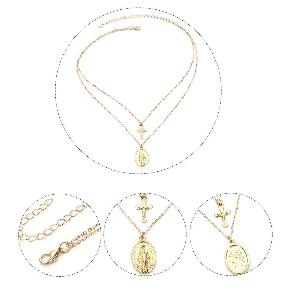 Трендовое золотистое многослойное ожерелье с крестом Иисус Дева Мария цепочка